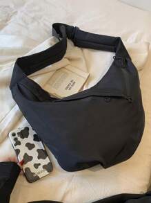 Black Minimalist Hobo Bag Large Capacity Adjustable Strap - Black - View 3
