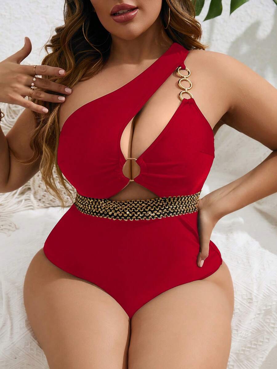 Swim SXY 1 Peça Maiô Plus Size Feminino Recortado, Verão - Vermelho - Visão 1