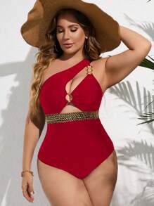 Swim SXY 1 Peça Maiô Plus Size Feminino Recortado, Verão - Vermelho - Visão 3
