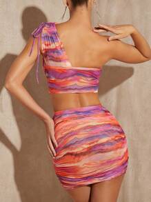 SHEIN BAE Nhuộm buộc Một bờ vai Top Cây trồng & Váy bodycon - Nhiều màu - Xem 2