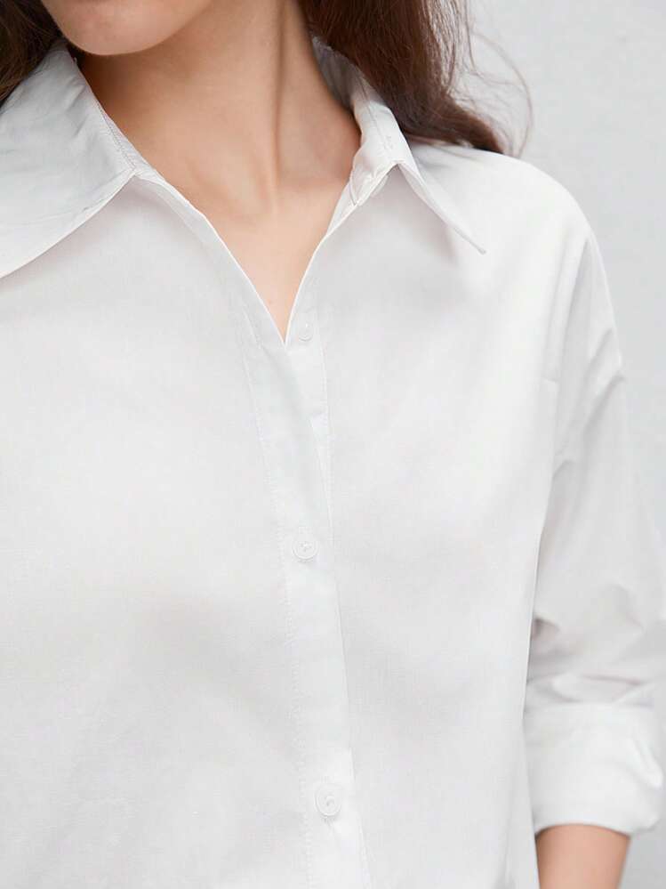BizChic Women's Autumn White Solid Color Dropped Shoulder Curved Hem Work Shirt, Ladies Casual Button Down Long Sleeve Oversized White Dropped Shoulder Shirt, Women's White Button Down Long Sleeve Shirt, Fashion Commuter Business Casual Female Shirt, Elegant Ladies Formal Blouse - White - View 3