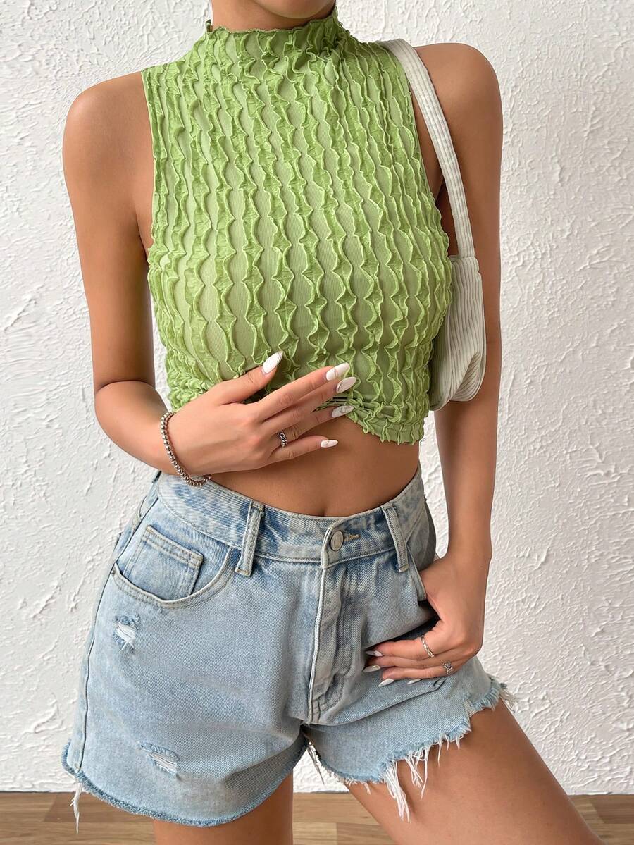 SHEIN Essnce Mock Neck Lettuce Trim Tank Top - Olive Green - View 1
