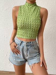 SHEIN Essnce Mock Neck Lettuce Trim Tank Top - Olive Green - View 3