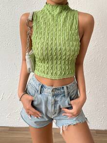 SHEIN Essnce Mock Neck Lettuce Trim Tank Top - Olive Green - View 6