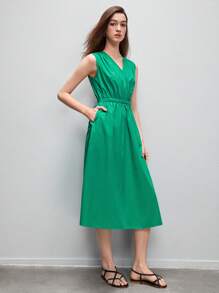 BizChic 交疊領斜口袋連衣裙 - 綠色 - 查看 3