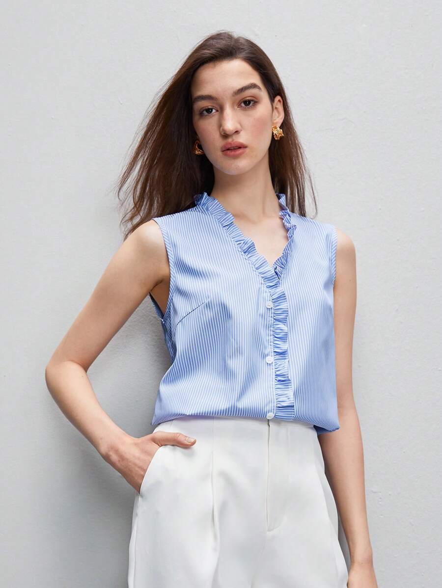 BizChic Frill Trim Striped Top Workwear - Baby Blue - View 1