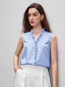 BizChic Frill Trim Striped Top Workwear - Baby Blue - View 4