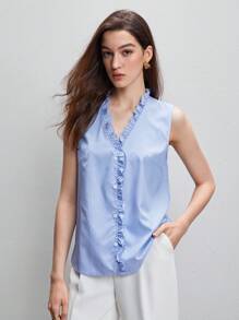 BizChic Frill Trim Striped Top Workwear - Baby Blue - View 7