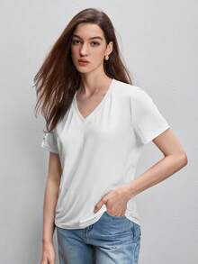 BizChic Thêu Khẩu hiệu Cổ v Áo thun Trang phục làm việc - trắng - Xem 3