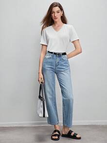 BizChic Thêu Khẩu hiệu Cổ v Áo thun Trang phục làm việc - trắng - Xem 7