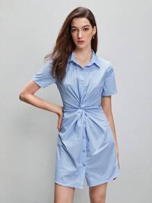 BizChic Đầm Nút phía trước xoắn lại Sọc Giải trí - Màu xanh nhạt - Xem 5