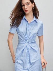 BizChic Đầm Nút phía trước xoắn lại Sọc Giải trí - Màu xanh nhạt - Xem 6