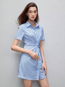 BizChic Đầm Nút phía trước xoắn lại Sọc Giải trí - Màu xanh nhạt - Xem 7