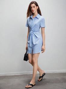 BizChic Đầm Nút phía trước xoắn lại Sọc Giải trí - Màu xanh nhạt - Xem 8