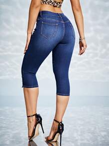 SHEIN Essnce 鈕扣下擺七分緊身牛仔褲 - 深色水洗藍 - 查看 2