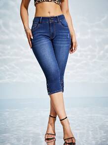 SHEIN Essnce 鈕扣下擺七分緊身牛仔褲 - 深色水洗藍 - 查看 4