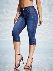 SHEIN Essnce 鈕扣下擺七分緊身牛仔褲 - 深色水洗藍 - 查看 5