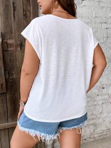 SHEIN Frenchy Áo thun Plus size Tương phản ren màu trơn Giải trí - trắng - Xem 2