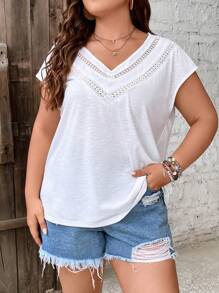 SHEIN Frenchy Áo thun Plus size Tương phản ren màu trơn Giải trí - trắng - Xem 3