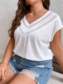 SHEIN Frenchy Áo thun Plus size Tương phản ren màu trơn Giải trí - trắng - Xem 7