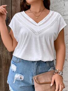 SHEIN Frenchy Áo thun Plus size Tương phản ren màu trơn Giải trí - trắng - Xem 8