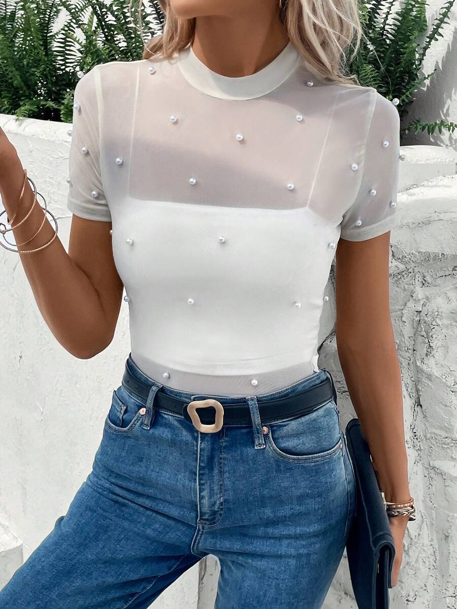 SHEIN Privé Áo nữ Ngọc trai cắt màu trơn Thanh lịch - Màu be - Xem 1