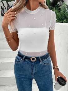 SHEIN Privé Áo nữ Ngọc trai cắt màu trơn Thanh lịch - Màu be - Xem 3