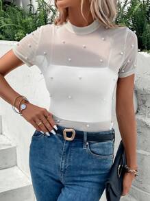 SHEIN Privé Áo nữ Ngọc trai cắt màu trơn Thanh lịch - Màu be - Xem 4