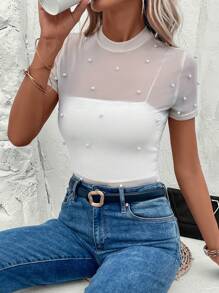 SHEIN Privé Áo nữ Ngọc trai cắt màu trơn Thanh lịch - Màu be - Xem 5