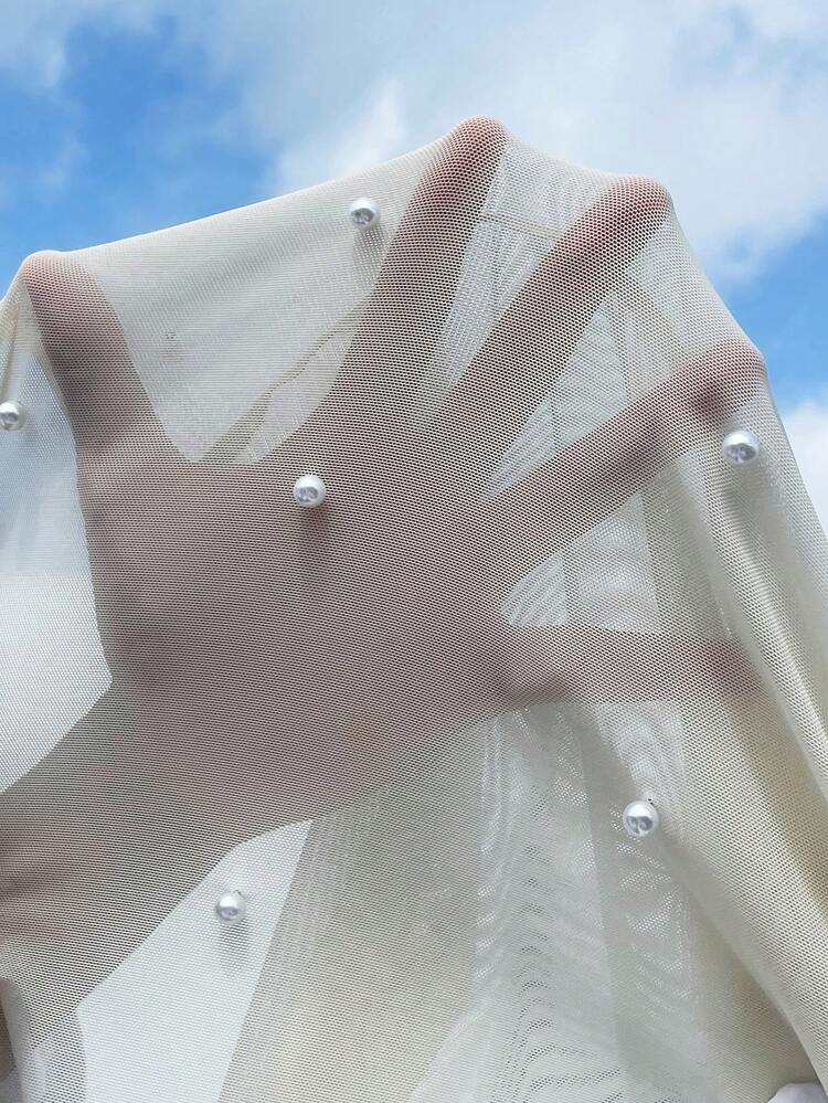 SHEIN Privé 珍珠串珠領透視網紗上衣不附吊帶上衣 - 杏色 - 查看 6