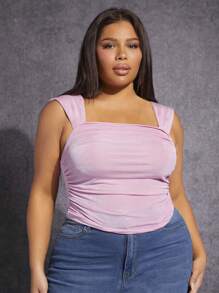 SHEIN SXY 大碼側收褶寬肩帶上衣 - 淺粉色 - 查看 5