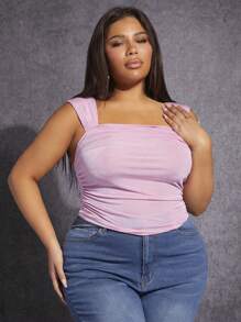 SHEIN SXY 大碼側收褶寬肩帶上衣 - 淺粉色 - 查看 3