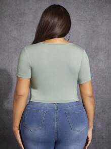 SHEIN SXY Plus Notched Neck Solid Tee - Mint Green - View 2