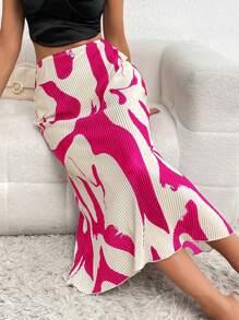 Firerie Allover Print Lettuce Trim Skirt - Hot Pink - View 1