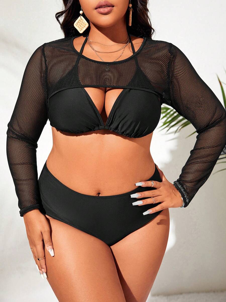 Plus Size Solid Halter Triangle Bikini Set With Cover Up Summer Beach - Black - View 1