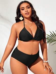Plus Size Solid Halter Triangle Bikini Set With Cover Up Summer Beach - Black - View 3