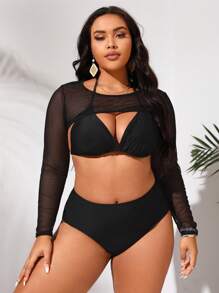 Plus Size Solid Halter Triangle Bikini Set With Cover Up Summer Beach - Black - View 4