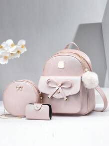 3pcs Backpack Set Bow Decor Classic Backpack Crossbody Bag Wallet - Pink - View 1