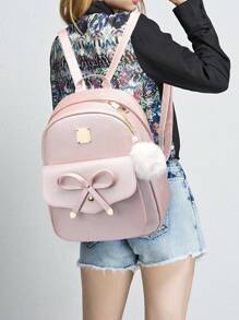 3pcs Backpack Set Bow Decor Classic Backpack Crossbody Bag Wallet - Pink - View 6