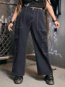 ROMWE Grunge Punk Plus Flap Pocket Side Cargo Jeans - Dark Grey - View 1