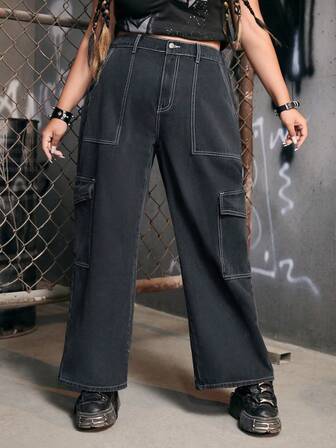 Grunge Punk Plus Flap Pocket Side Cargo Jeans