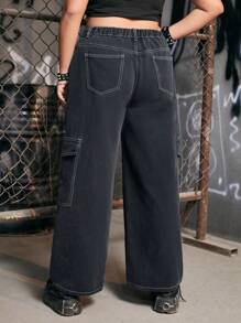 ROMWE Grunge Punk Plus Flap Pocket Side Cargo Jeans - Dark Grey - View 2