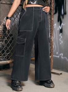 ROMWE Grunge Punk Plus Flap Pocket Side Cargo Jeans - Dark Grey - View 3