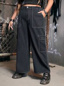 ROMWE Grunge Punk Plus Flap Pocket Side Cargo Jeans - Dark Grey - View 4