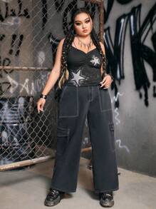 ROMWE Grunge Punk Plus Flap Pocket Side Cargo Jeans - Dark Grey - View 5