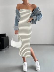 SHEIN Essnce 條紋圖案高衩抹胸洋裝 - 灰色 - 查看 1
