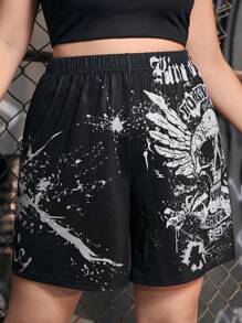 ROMWE Grunge Punk 大碼骷髏頭和字母圖案短褲 - 黑色 - 查看 3