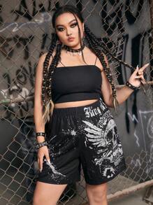 ROMWE Grunge Punk 大碼骷髏頭和字母圖案短褲 - 黑色 - 查看 4