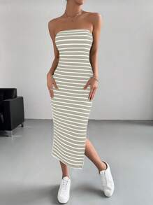SHEIN Essnce 條紋圖案高衩抹胸洋裝 - 灰色 - 查看 3