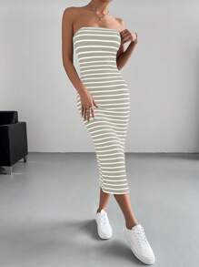 SHEIN Essnce 條紋圖案高衩抹胸洋裝 - 灰色 - 查看 4